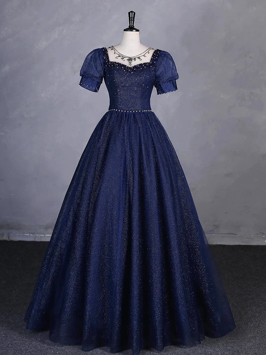 Navy Blue Tulle Beading Long Party Dress, Blue Scoop NecklineShort Sleeve Evening Dress nv1652