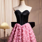 Black Satin and Pink Ruffle Flower Short Prom Dress, Lovely A-Line Strapless Bow Party Cocktail Dress nv1635