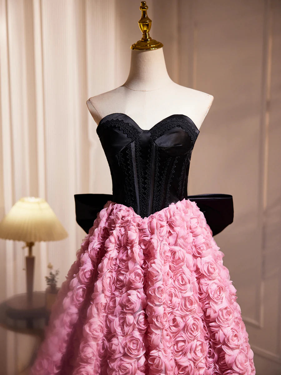 Black Satin and Pink Ruffle Flower Short Prom Dress, Lovely A-Line Strapless Bow Party Cocktail Dress nv1635