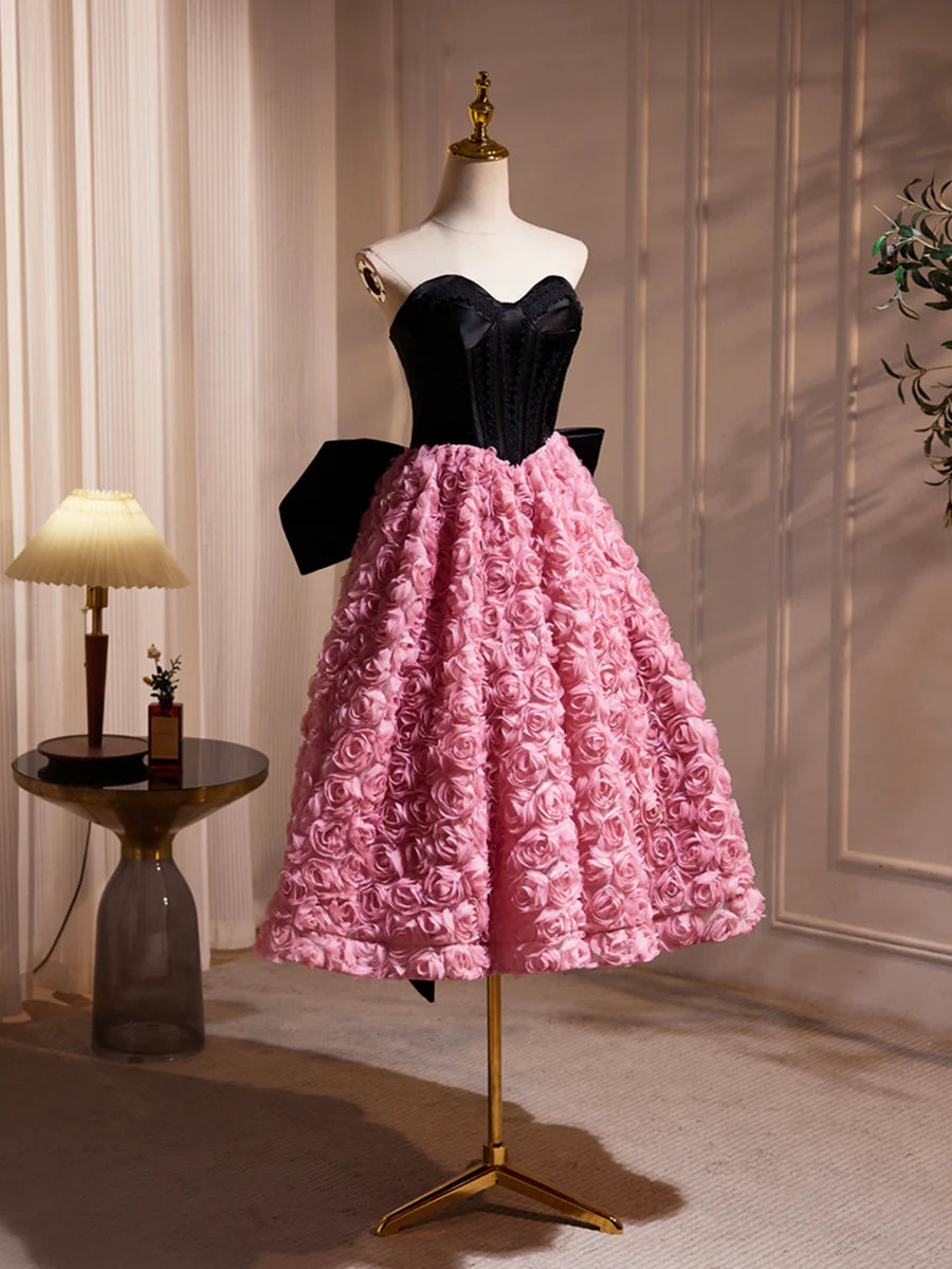 Black Satin and Pink Ruffle Flower Short Prom Dress, Lovely A-Line Strapless Bow Party Cocktail Dress nv1635