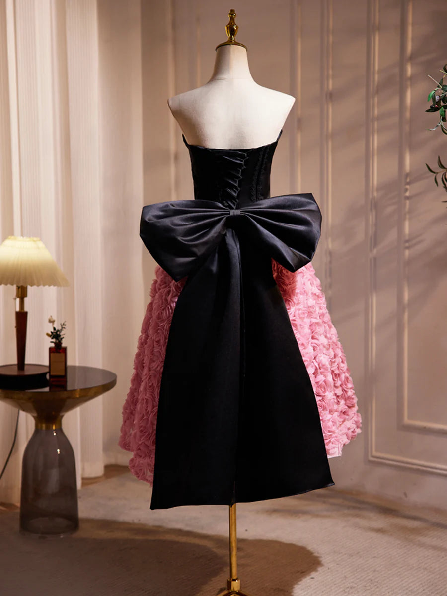 Black Satin and Pink Ruffle Flower Short Prom Dress, Lovely A-Line Strapless Bow Party Cocktail Dress nv1635