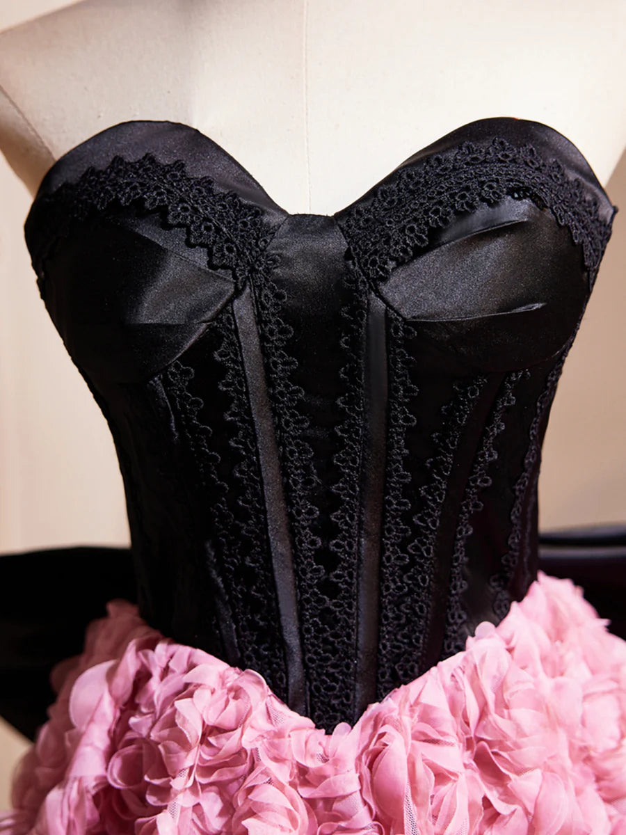 Black Satin and Pink Ruffle Flower Short Prom Dress, Lovely A-Line Strapless Bow Party Cocktail Dress nv1635