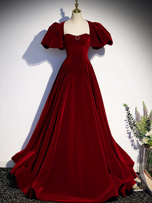 Burgundy Velvet Floor Length Prom Dress, Beautiful Open Back Evening Dress with Pearls nv1574