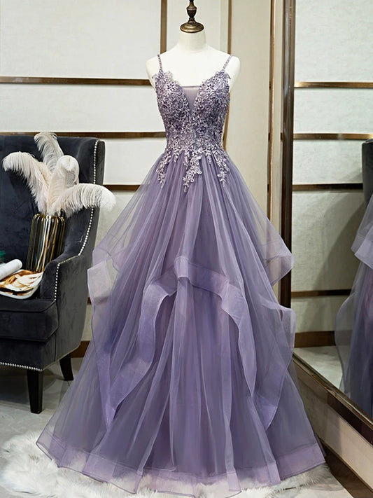 Purple Spaghetti Straps Lace Prom Dress, Lovely Tulle Corset Floor Length Evening Dress nv1426