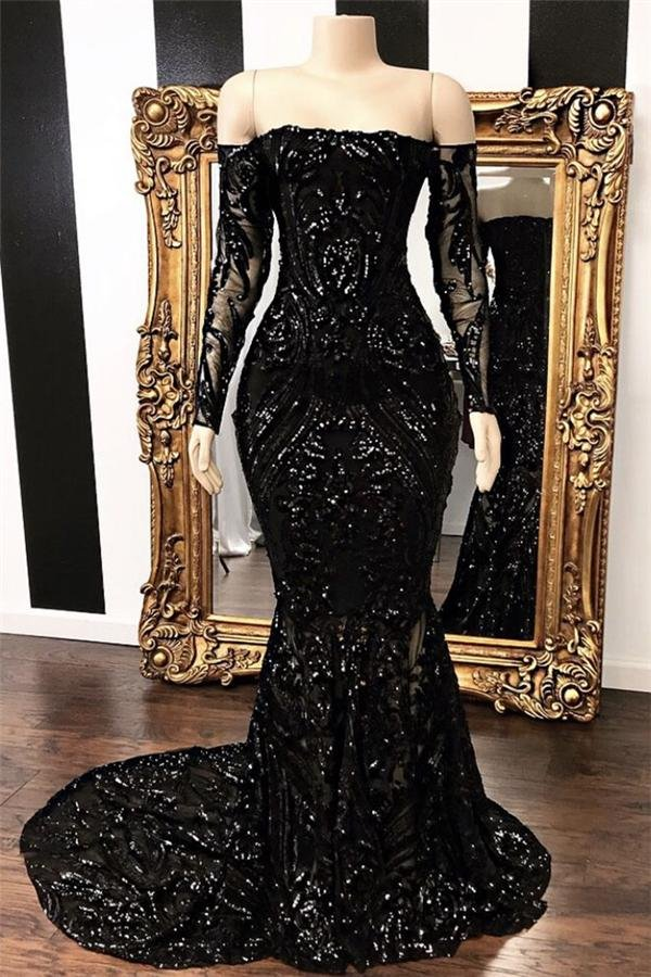 Black Long Sleeves Mermaid Sequins Prom Dress Off-the-Shoulder nv46