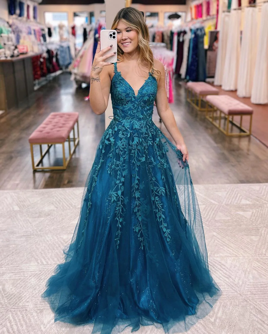 Cute A Line V Neck Vivid Blue Tulle Long Prom Dresses with Appliques nv705