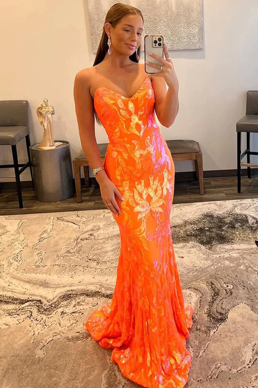 Sparkly Orange Sequin Sweetheart Lace-Up Back Long Prom Dress nv659