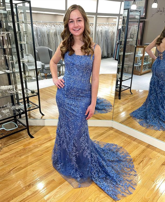 Charming Mermaid Dark Blue Long Prom Dresses with Appliques nv827