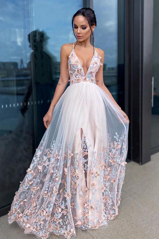 Beautiful A-Line Appliques Deep V Neck Long Evening Prom Dresses  nv712