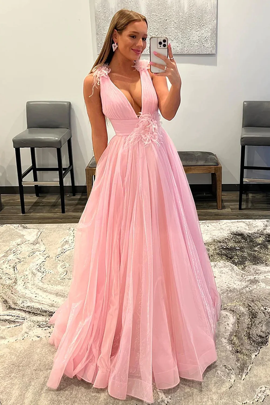 Light Pink V-Neck Backless Tulle Long Prom Dress nv698