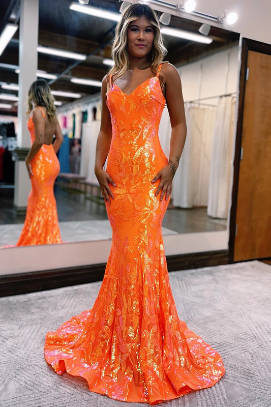 Sparkly Mermaid Orange Sequins Long Prom Dress nv627