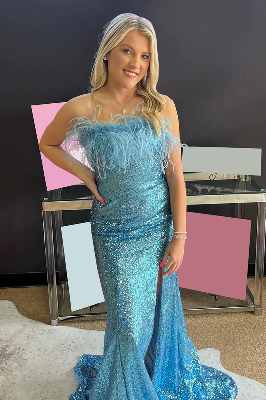 Light Blue Sparkly Sequins Off the Shoulder Long Prom Dress with Feathers nv697