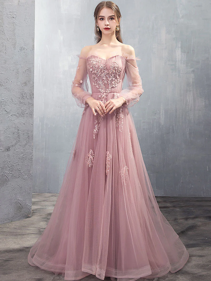 Pink A-line Tulle Lace Long Prom Dress Pink Lace Evening Dress nv861