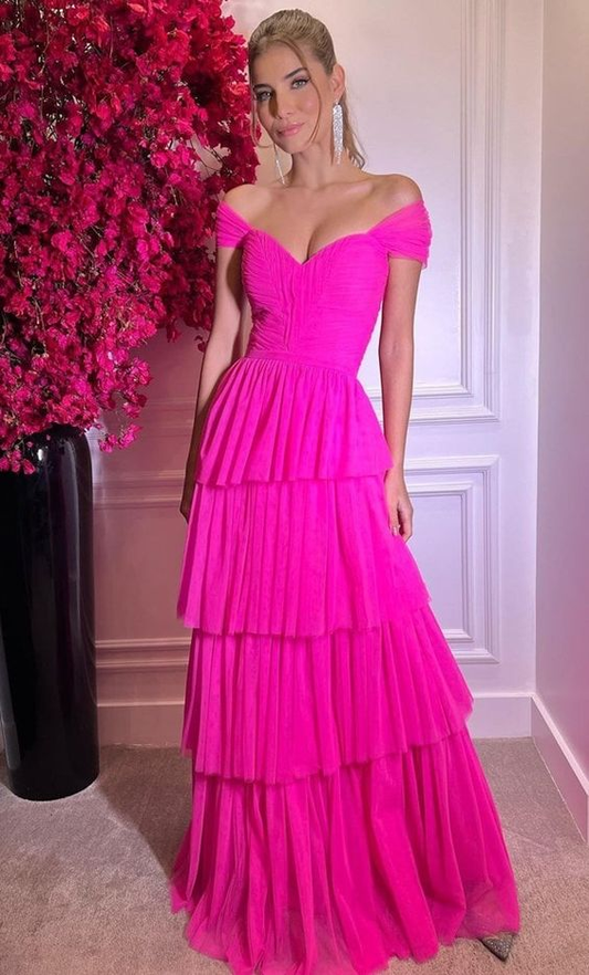 Hot Pink Off The Shoulder Prom Dresses Long Evening Gowns nv623