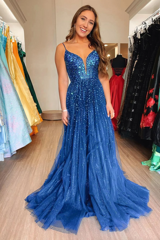 Blue Tulle Sequins Long Prom Dress, Blue A-Line Evening Dress nv709