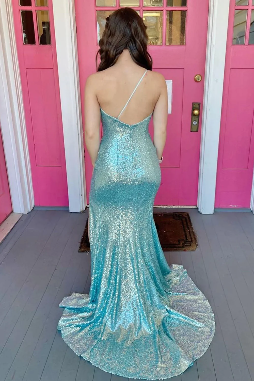 Blue fashion one shoulder sequin long slit mermaid slim ball gown evening dress nv694