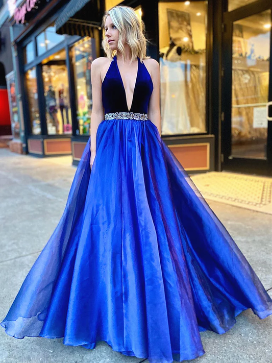 V Neck Backless Blue Prom Dresses, Open Back Blue V Neck Formal Evening Dresses nv707