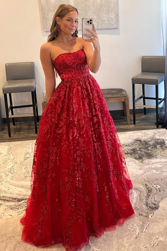 Sparkly Red Long Prom Dress with Pockets nv638