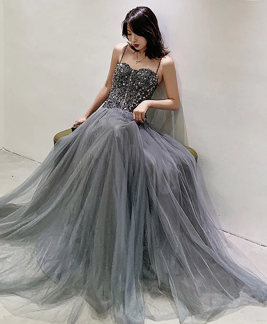 Gray Tulle Sequin Long Prom Dress Gray Tulle Formal Dress nv617