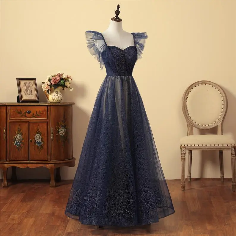 Navy Blue Sparkling Tulle A-Line Prom Dress nv612