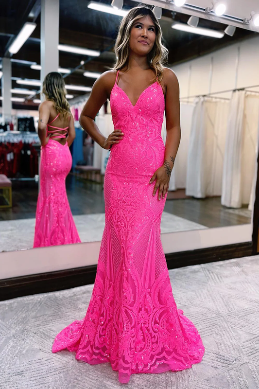 Sparkly Mermaid Backless Hot Pink Sequins Long Prom Dress nv747