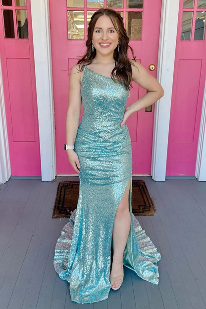 Blue fashion one shoulder sequin long slit mermaid slim ball gown evening dress nv694