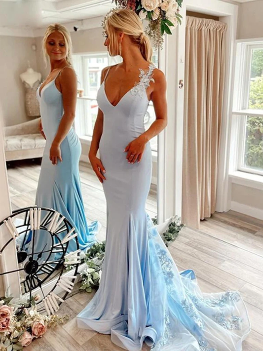 Open Back V Neck Mermaid Blue Floral Long Prom Dresses, Mermaid Blue Formal Evening Dresses with Flowers  nv751