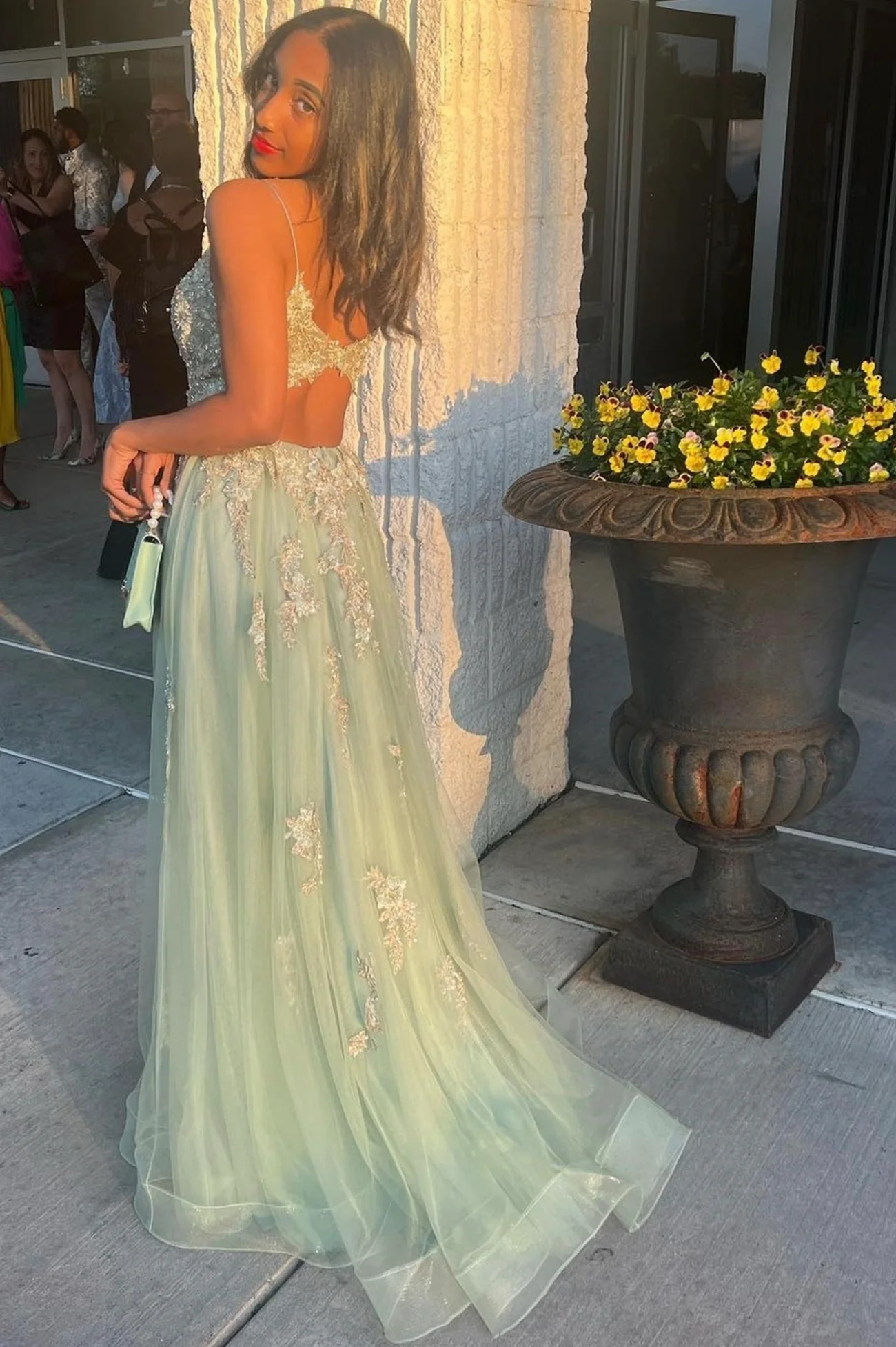 Green V-neck Lace Long Prom Dress, A-Line Evening Dress with Slit nv713