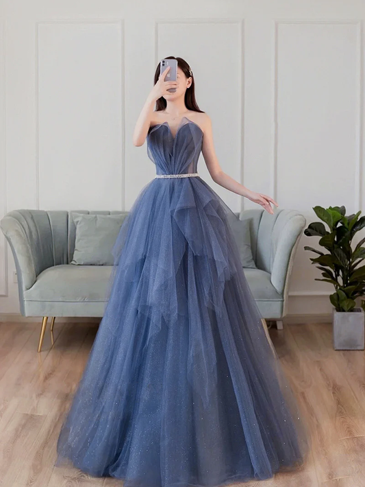 Blue sweetheart tulle long prom dress blue tulle formal dress nv881