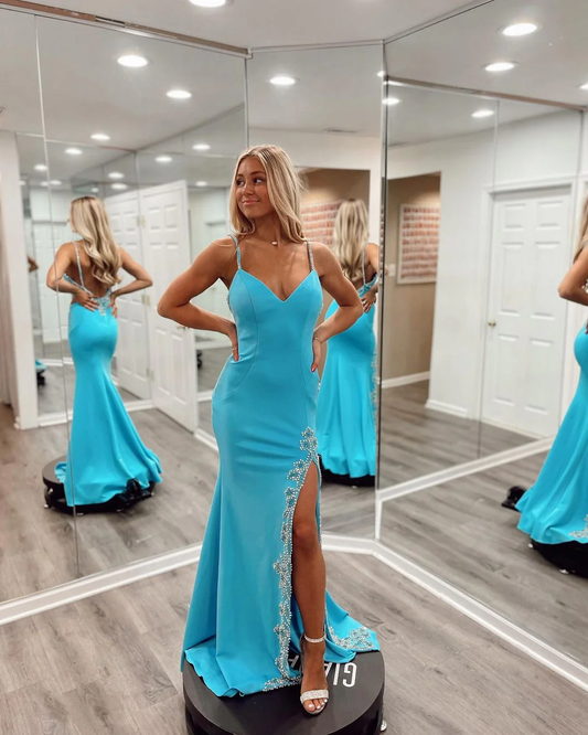 Cute Mermaid V Neck Blue Satin Long Prom Dresses with Slit nv755