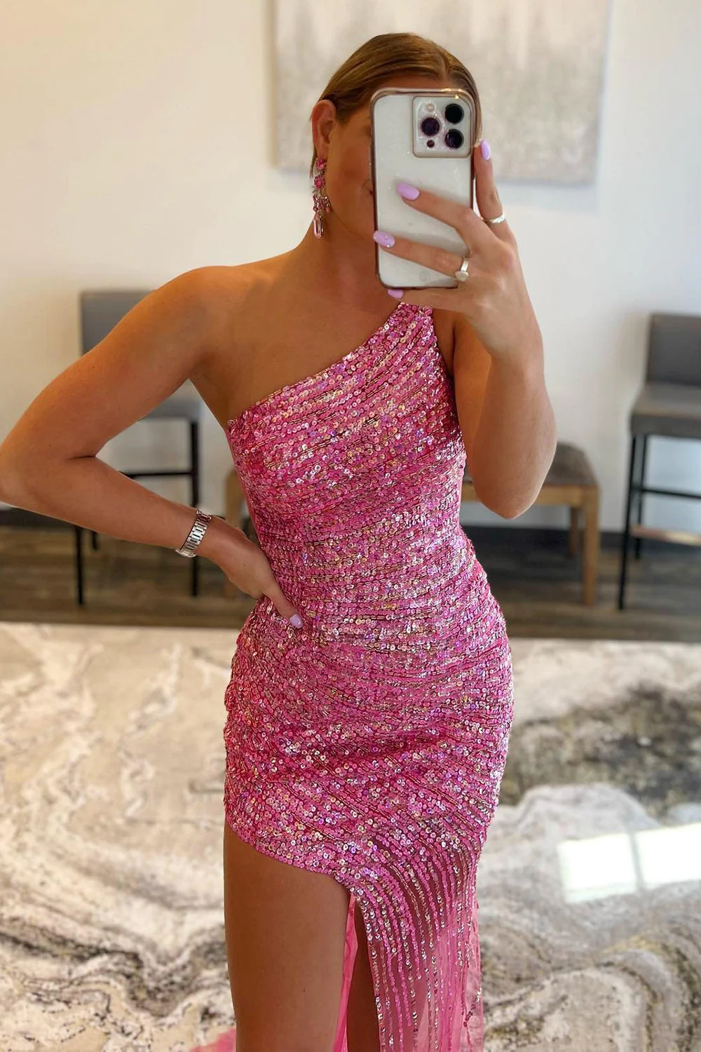 Sparkly Fuchsia One Shoulder Sequins Long Prom Dress with Slit nv753