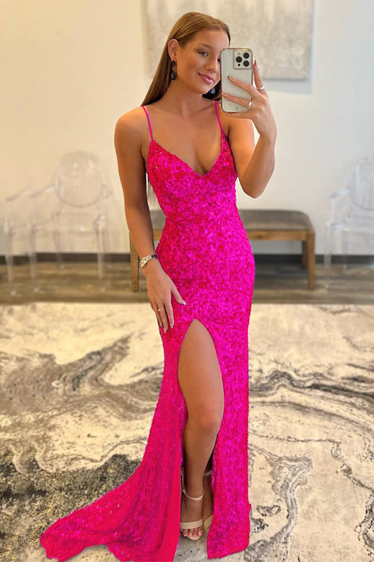 Hot Pink Sequins Glitter Prom Dress with Slit nv645