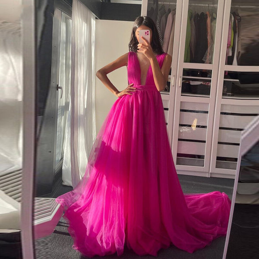 Sexy Deep V-Neck Tulle Long Prom Dress Sleeveless A-Line Evening Formal Gown nv776