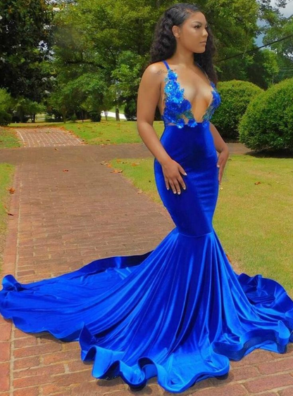 Royal Blue Deep V Neck Mermaid Lace Applique Backless Long Prom Dress nv771