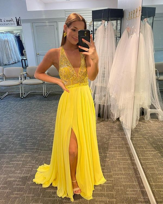 Cute A Line V Neck Straps Yellow Chiffon Prom Dresses with Beading, Split Party Dresses nv783