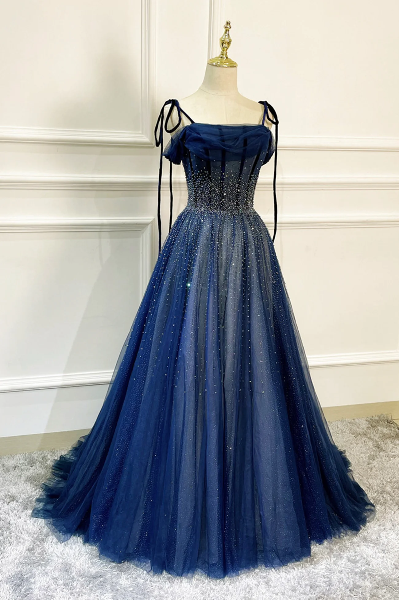 Blaues langes Tüll-Ballkleid mit Perlen, blaues Abendkleid nv606