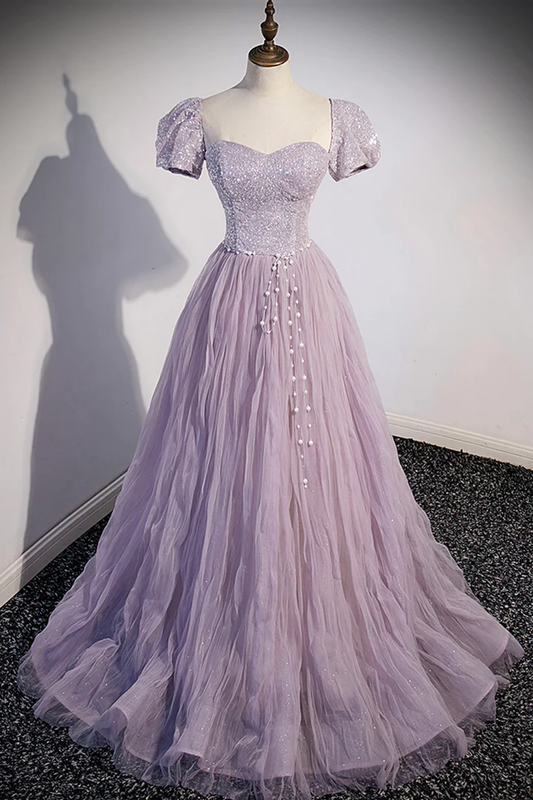 Purple Tulle Sequins Floor Length Prom Dress, A-Line Evening Party Dress nv889