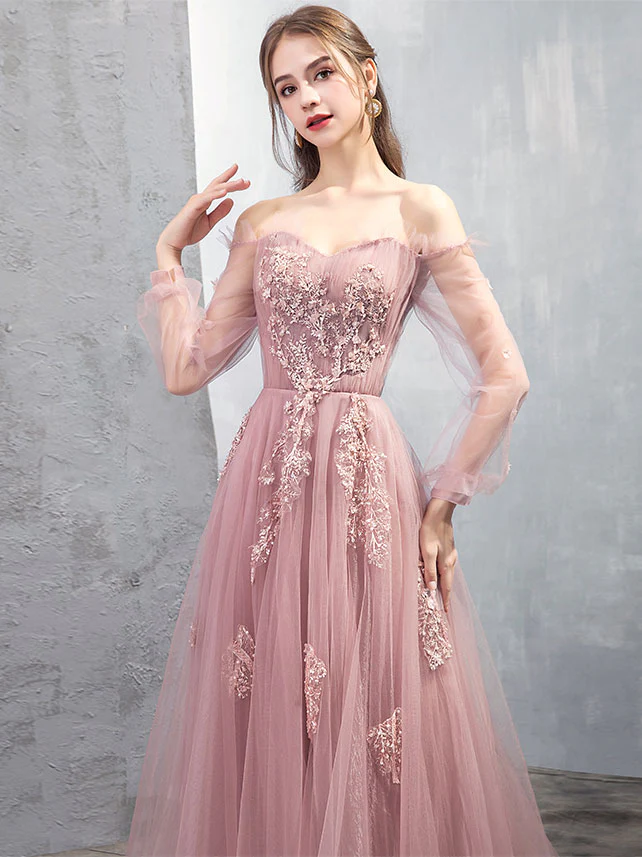 Robe de bal longue en tulle et dentelle rose coupe A Robe de soirée en dentelle rose nv861