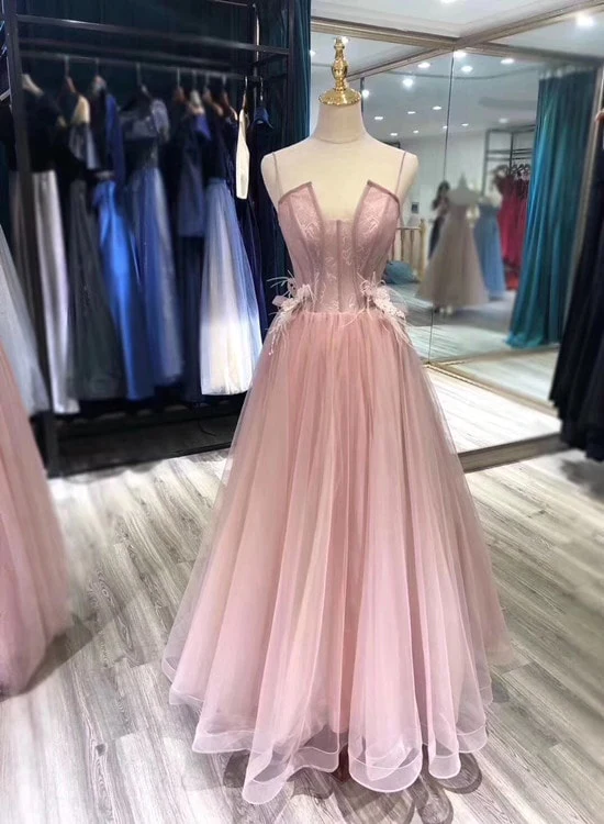 Charming Tulle Straps Long Formal Gown, Pink Elegant Party Dress nv894