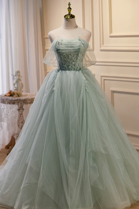 Green Tulle Beaded Ball Gown Off Shoulder Party Dress, Green Sweet 16 Dress nv891