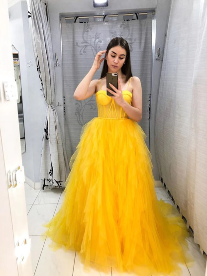 Robe de bal en tulle jaune tendance, coupe trapèze, sans manches, nv976