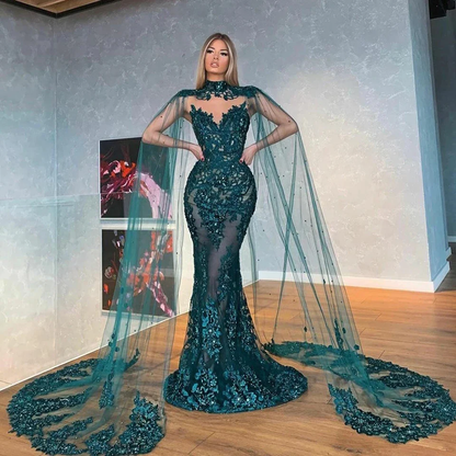 2024 New Two Pieces Mermaid Evening Dresses with Cape Dark Green Lace Prom Gown Long Formal Party Dress  nv938