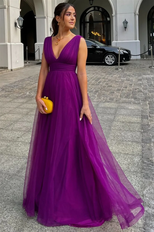 A-line V-neck Strap Sleeveless Floor-length Prom Dress nv181