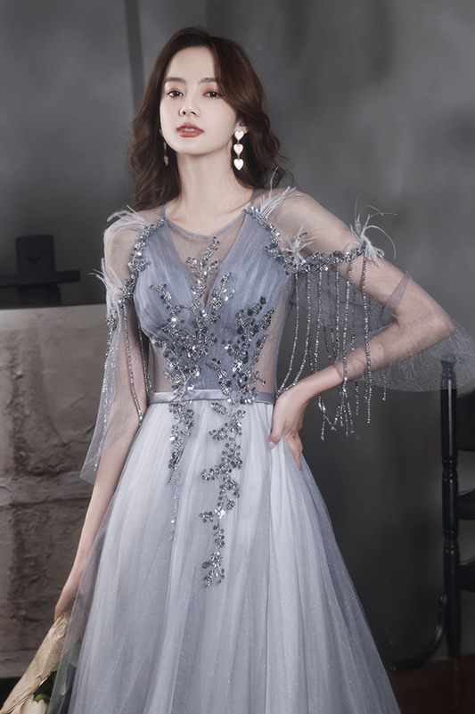 GRAY TULLE SEQUINS LONG PROM DRESS A LINE EVENING DRESS nv423