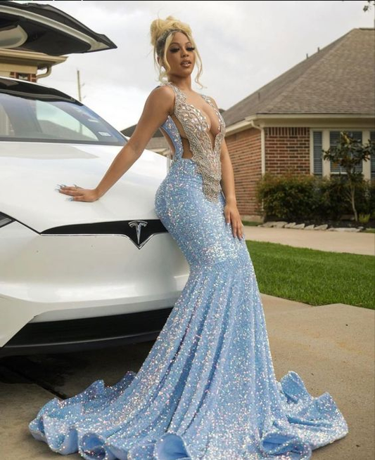 Blue Sparkly Evening Dress Long Mermaid Prom Dress nv184