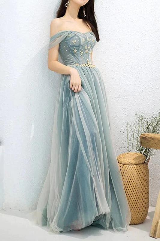 Tulle A-Line Off-the-Shoulder Beaded Prom Dresses, Long Formal Dress nv551