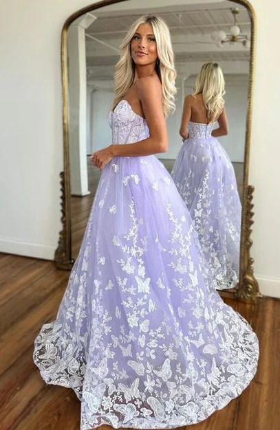 Robe de bal longue en dentelle sans bretelles lilas nv1025