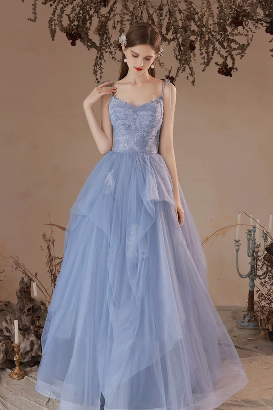 Blue V-Neck Tulle Lace Long Prom Dress, Lovely Spaghetti Straps Evening Dress nv429