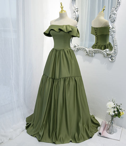 Green satin long A line prom dress green evening dress nv544