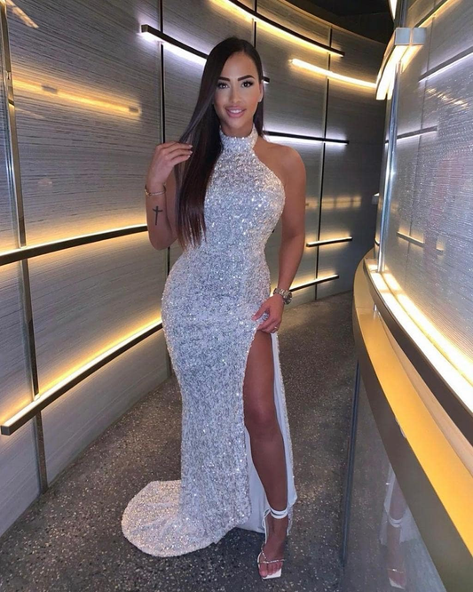 Glamorous Mermaid Halter White Sequin Long Prom Evening Dress with Split nv555